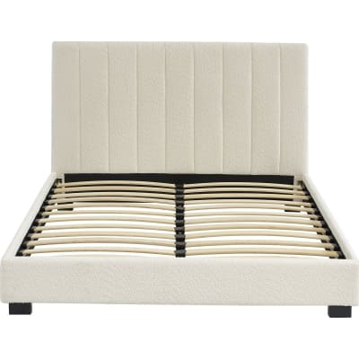 Lit adulte avec tête de lit capitonnée en tissu bouclé écru 140x190