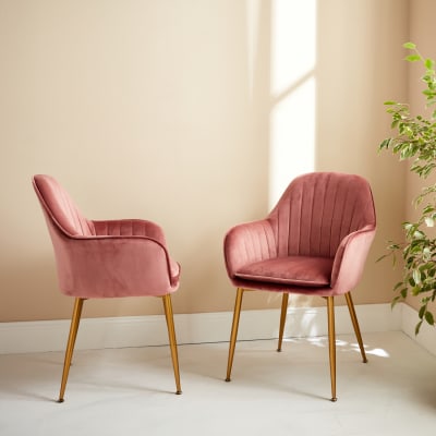 2 fauteuils velours vieux rose et pieds métal