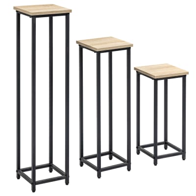 Support pots de fleurs 3 pièces acier noir plateaux aspect bois noyer