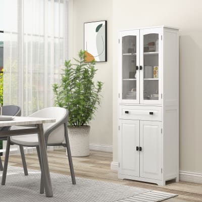 Buffet haut 4 portes 3 étagères tiroir verre trempé blanc