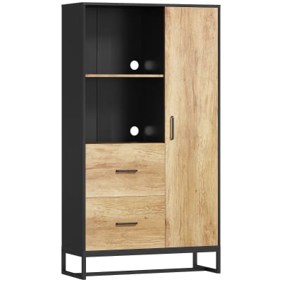 Buffet haut porte 3 étagères 2 tiroirs 2 niches acier noir bois clair