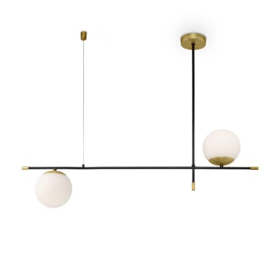 Suspension 2 lumières horizontale noire et dorée avec sphères en verre
