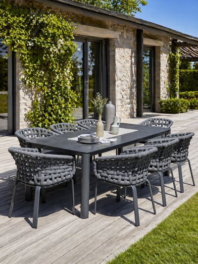 Ensemble repas de jardin 8 pl en alu plateau céramique sur verre