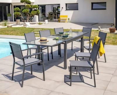 Ensemble repas en aluminium et plateau verre
