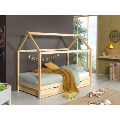 Lit  cabane 90x200cm en pin massif naturel + tiroir
