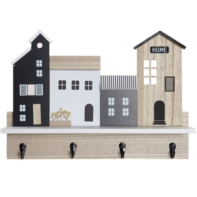 Portemanteau mural bois maisons avec 1 étagère