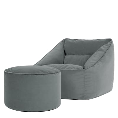 Pouf fauteuil avec repose-pied rond velours gris anthracite
