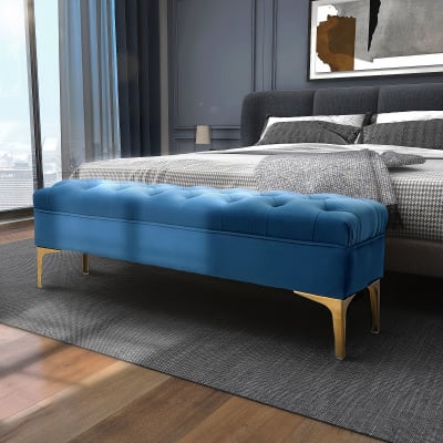 Banc banquette capitonnée style classique chic doré velours bleu roi