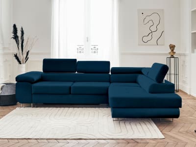 Canapé d'angle droit convertible 5 places en velours bleu nuit