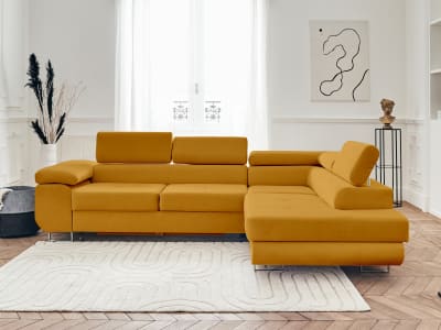 Canapé d'angle droit convertible 5 places en velours jaune