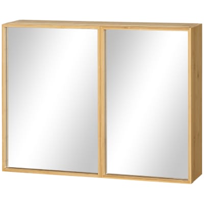Miroir salle de bain placard 2 portes 2 étagères bambou verni