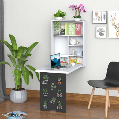 Bureau mural pliable étagère + tableau craie intégré
