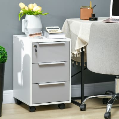 Caisson de bureau sur roulettes 3 tiroirs verrouillables gris blanc