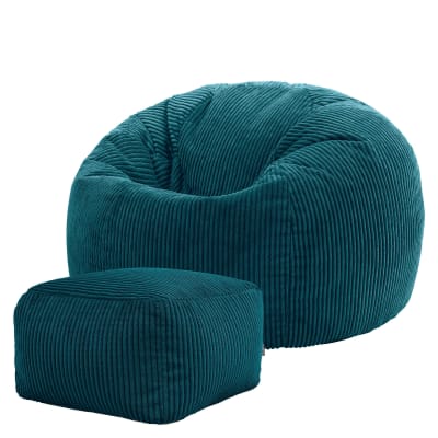 Pouf avec repose-pied carré velours côtelé bleu canard