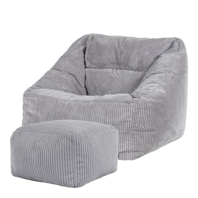 Pouf fauteuil avec repose-pied carré velours côtelé gris clair