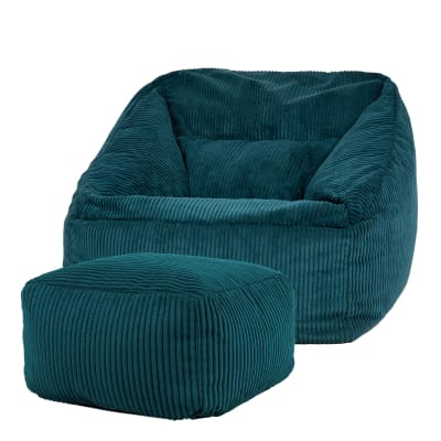 Pouf fauteuil avec repose-pied carré velours côtelé bleu canard