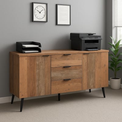 Meuble de rangement bureau en bois avec 2 portes et 3 tiroirs