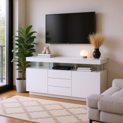 Meuble TV LED blanc design avec rangements et tiroirs