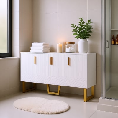 Meuble de salle de bain blanc avec pieds dorés et rangements fermés