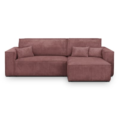 Canapé d'angle convertible 4 places en velours côtelé vieux rose