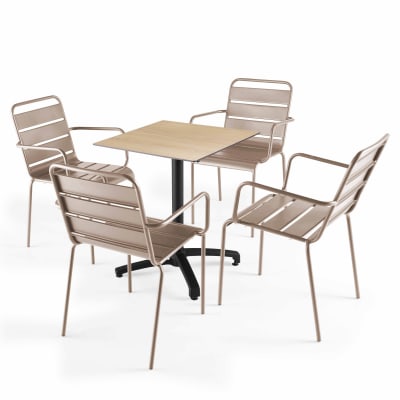 Ensemble table terrasse stratifié chene naturel et 4 fauteuils taupe