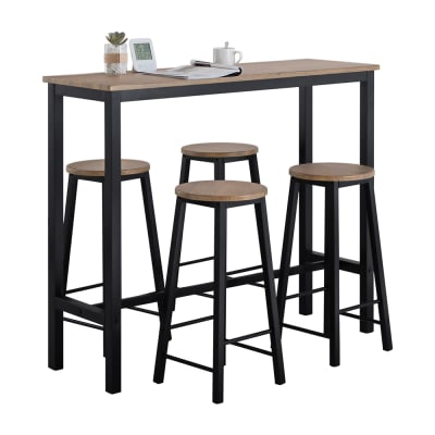 Set de 1 table et 4 tabourets de bar effet bois et métal noir
