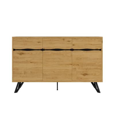 Buffet en bois naturel avec tiroirs et portes, pieds noirs inclinés