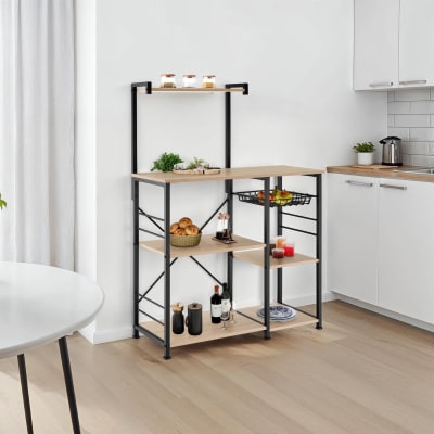 6 étagères de cuisine style industriel et panier coulissant bois clair