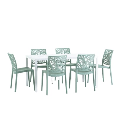 Ensemble table rectangulaire blanche et 6 chaises en résine vert sauge