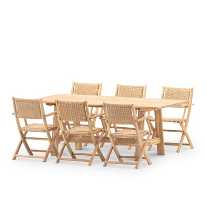 Ensemble table fixe large lattes 200x100 + 6 fauteuils rotin synth