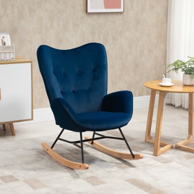 Fauteuil à bascule oreilles accoudoirs aspect velours bleu