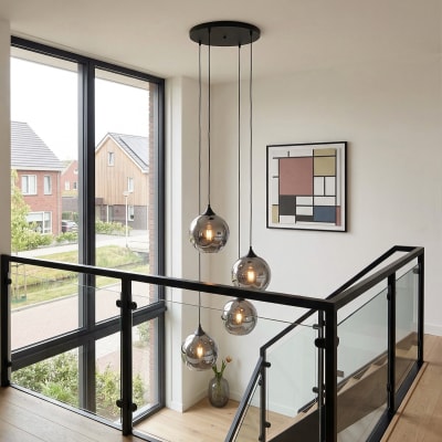Suspension art déco noire verre fumé 4 lumières