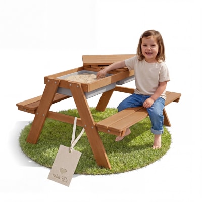 Table de pique-nique pour 4 enfants en bois teck avec 2 bacs