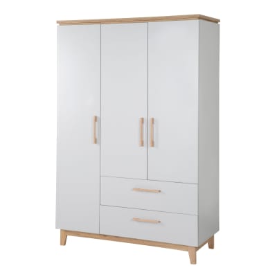 Armoire enfant scandinave 3 portes 2 tiroirs en gris - chêne doré