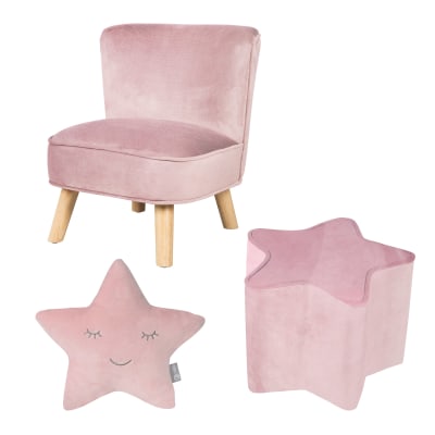 Fauteuil enfant scandinave + pouf et coussin en velours rose
