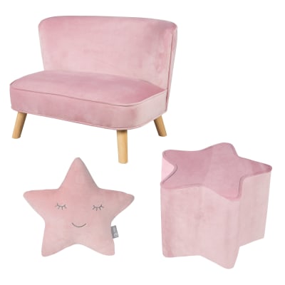 Canapé enfant scandinave + pouf et coussin en velours rose