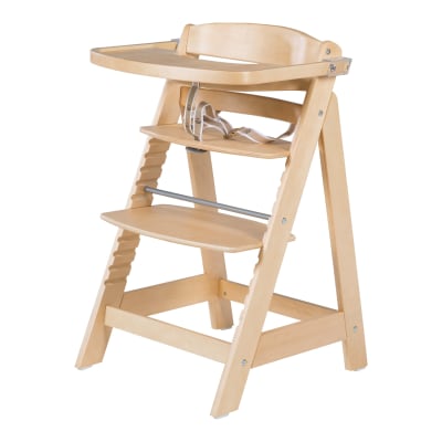 Chaise haute bébé évolutive avec plateau repas en bois nature