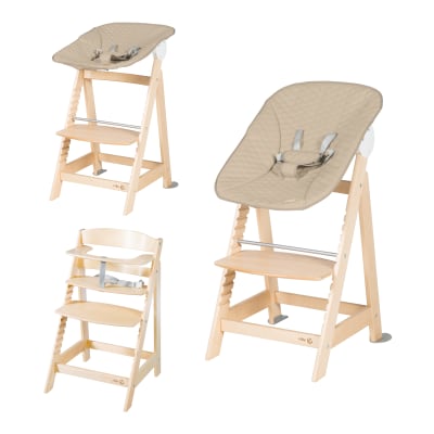 Chaise haute avec transat cuir grège inclinable en bois naturel