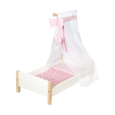 Lit poupée en bois laqué blanc avec habillage textile rose