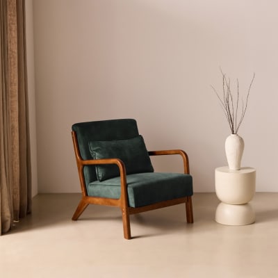 Fauteuil velours kaki foncé, hévéa teinté