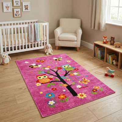 Tapis enfant toucher laine imprimé chouettes rose 100x150