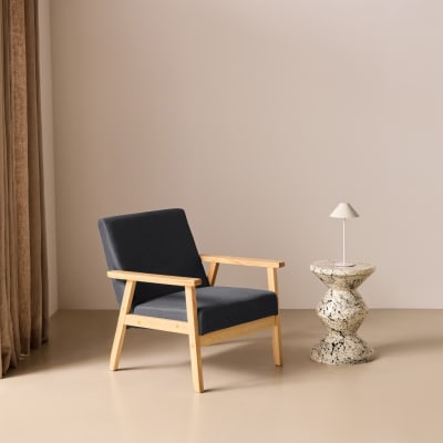 Fauteuil scandinave bois et tissu gris foncé