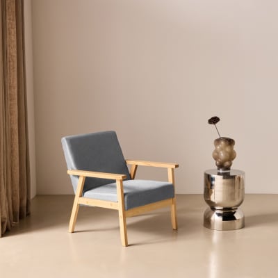 Fauteuil scandinave bois et tissu gris clair