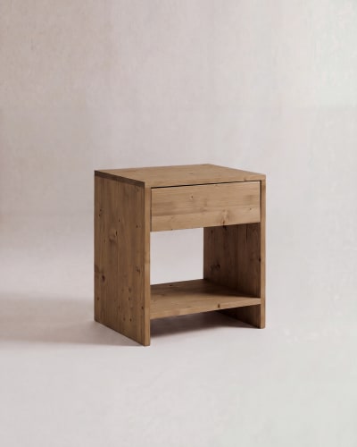 Table de chevet en bois de sapin avec un tiroir vieilli 40x40cm