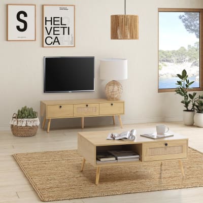 Meuble tv 3 portes couleur chêne avec rotin naturel