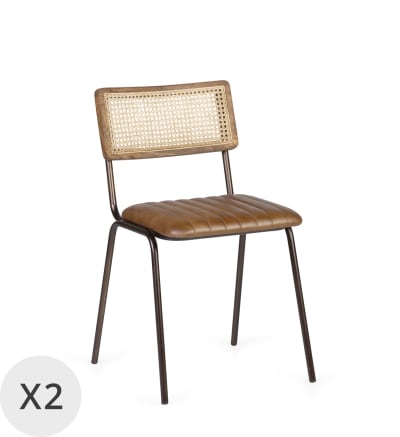 Set de 2 chaises en fer noir et en similicuir marron