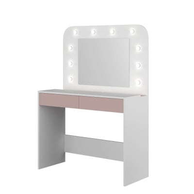 Coiffeuse effet bois avec miroir et led, coloris blanc et rose