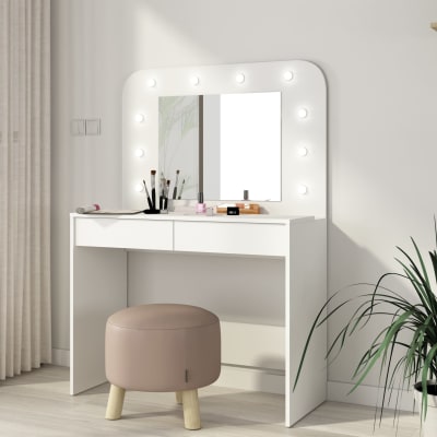 Coiffeuse effet bois avec miroir et led, coloris blanc