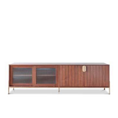 Meuble tv 4 portes en bois foncé et métal doré