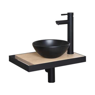 Meuble lave-mains  plan fin p-serviette côté vasque noire + robinet